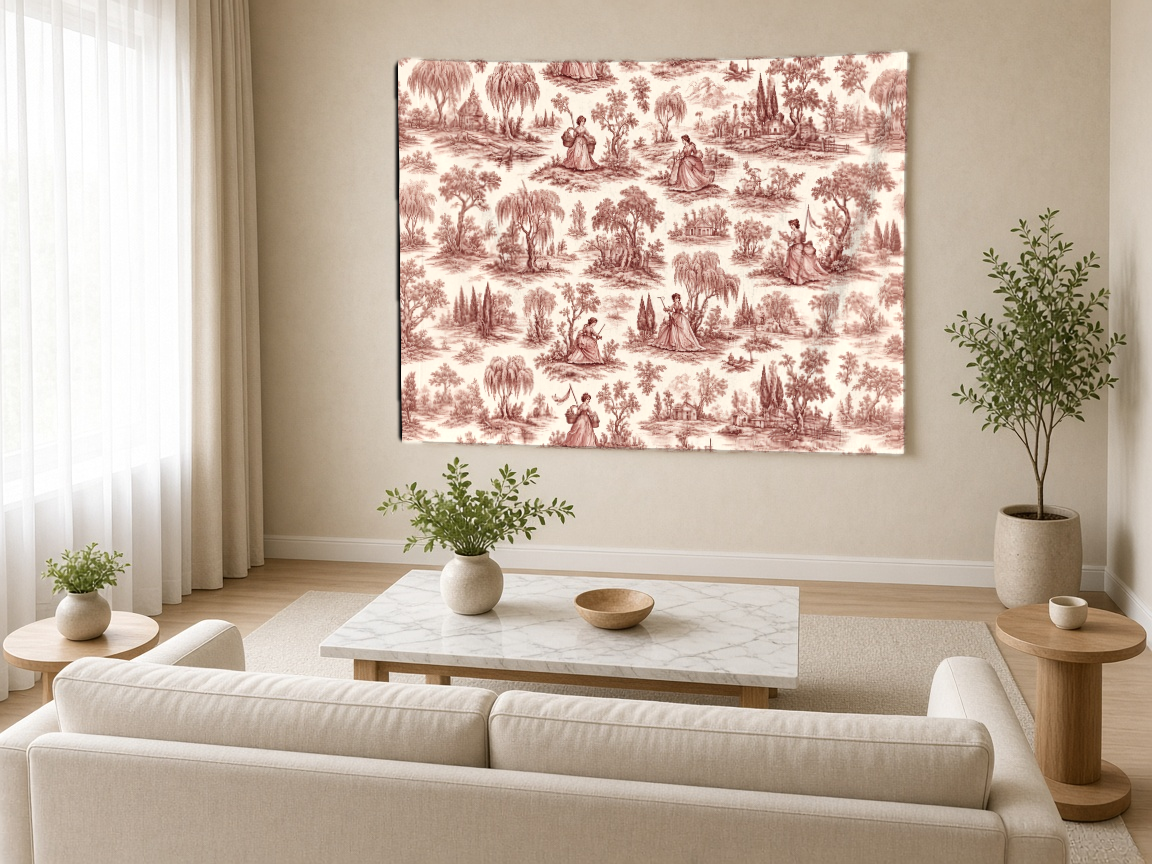 Bordo Toile de Jouy Duvar Örtüsü — yatay, salon duvarında