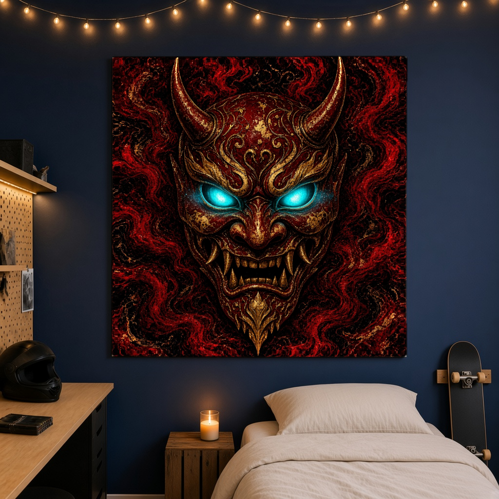 Neon Gözlü Oni Duvar Örtüsü — kare, oturma odası duvarında
