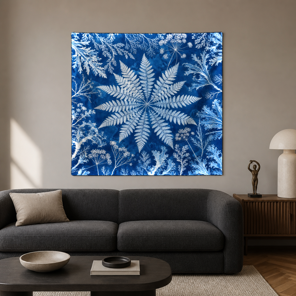Cyanotype Eğrelti Duvar Örtüsü — kare, oturma odası duvarında