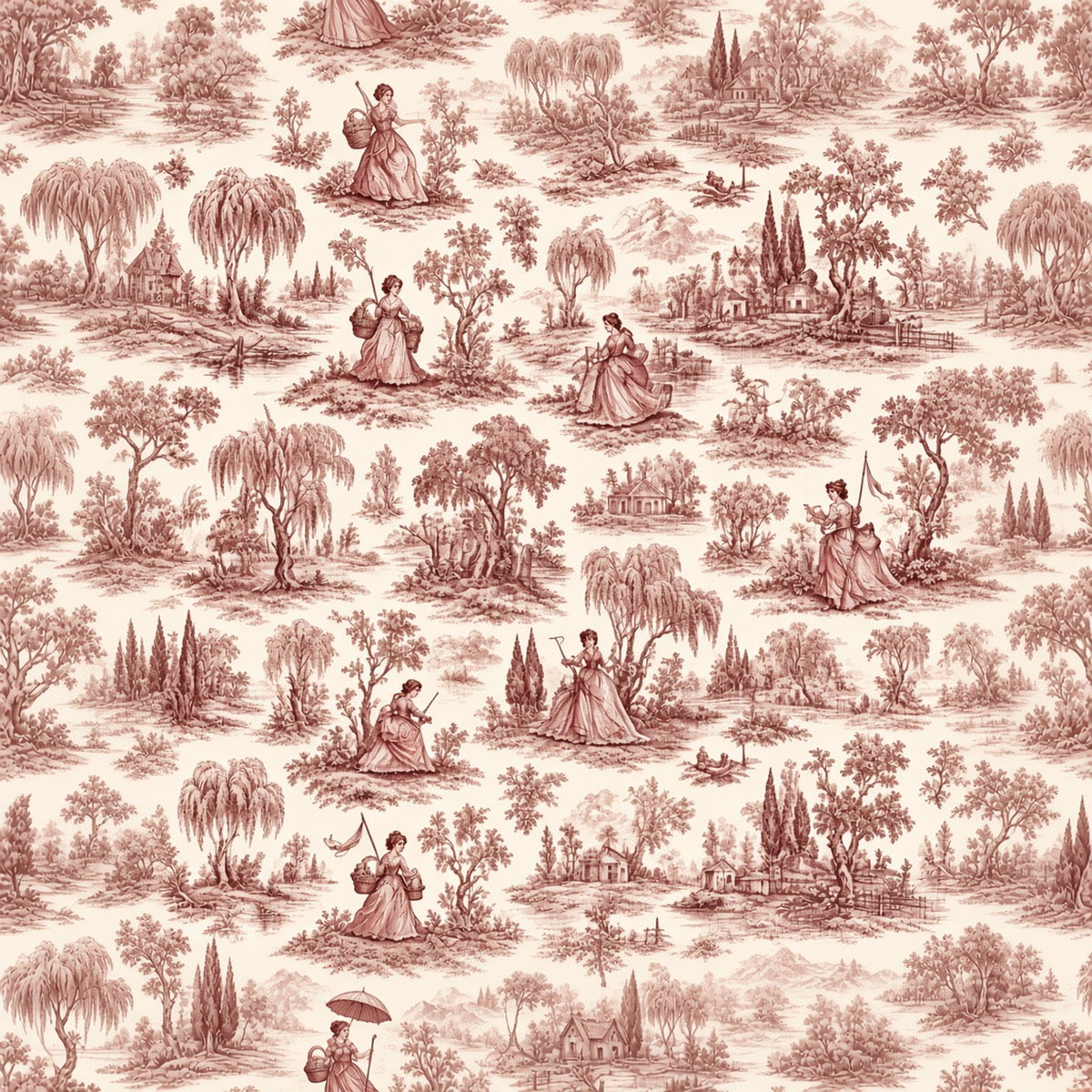 Bordo Toile de Jouy Duvar Örtüsü — tasarımın tamamı