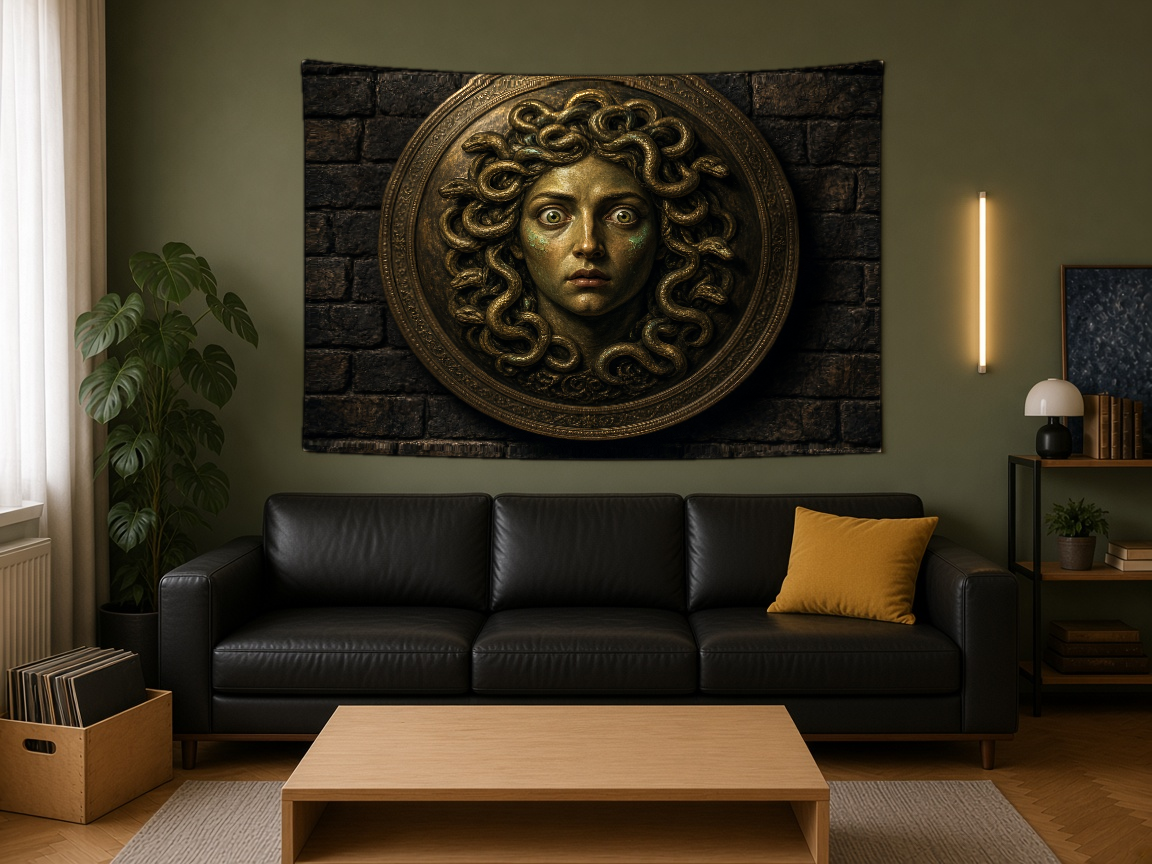 Medusa Kalkan Duvar Örtüsü — yatay, salon duvarında