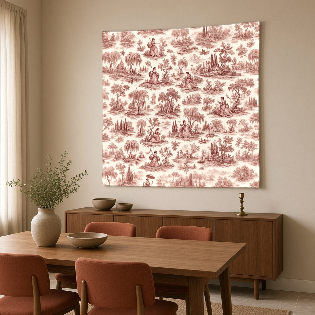 Bordo Toile de Jouy Duvar Örtüsü — kare, oturma odası duvarında