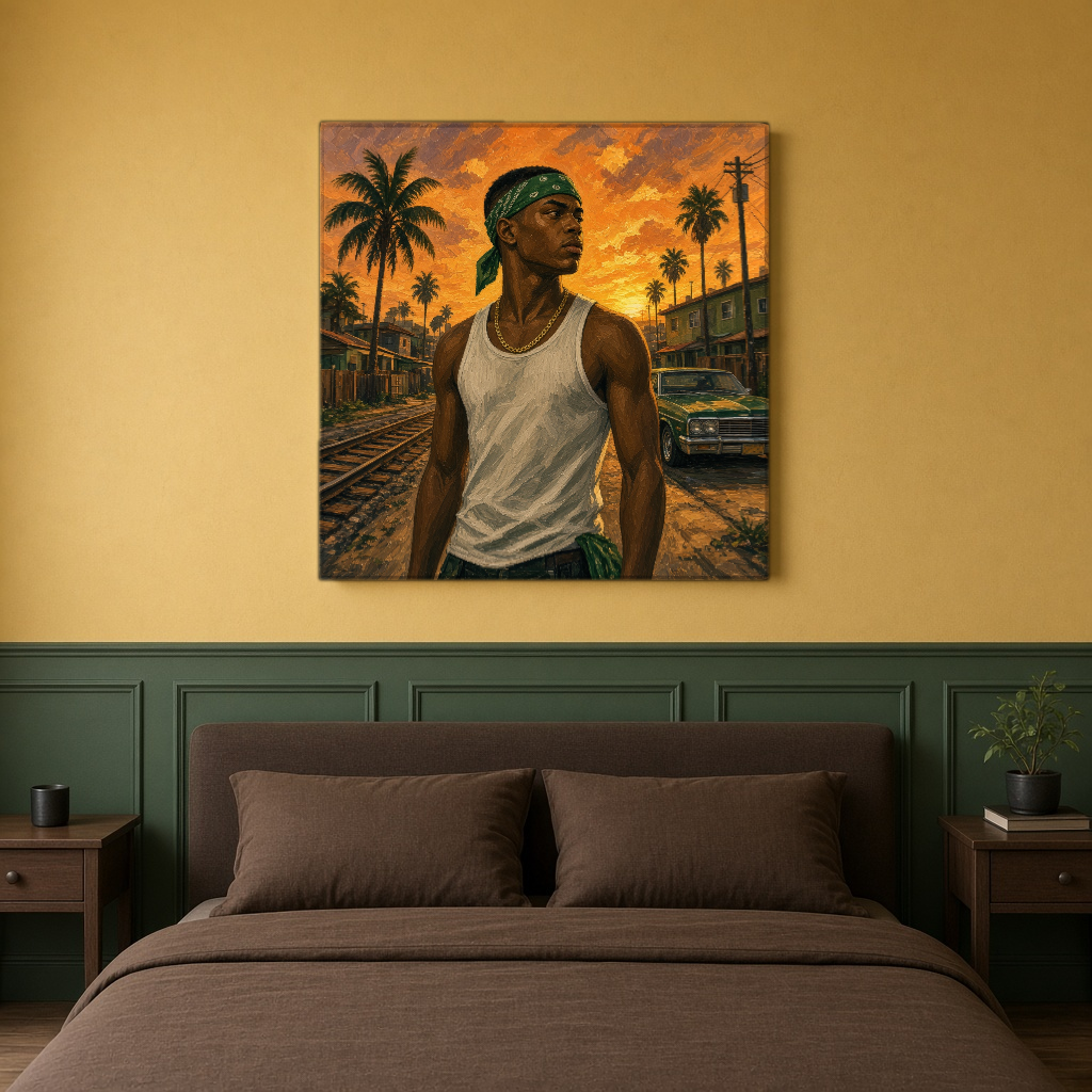 GTA San Andreas Duvar Örtüsü — kare, oturma odası duvarında
