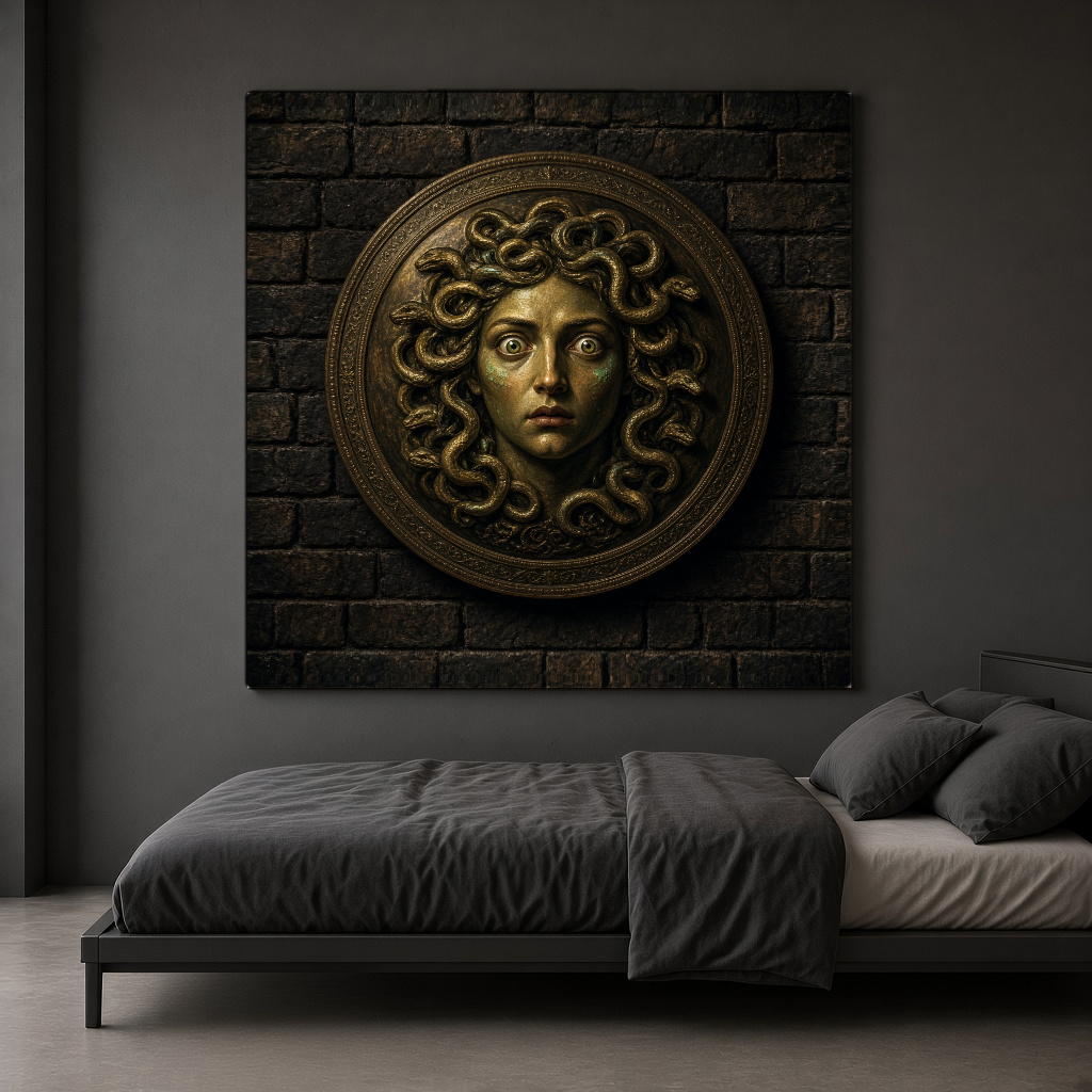 Medusa Kalkan Duvar Örtüsü — kare, oturma odası duvarında