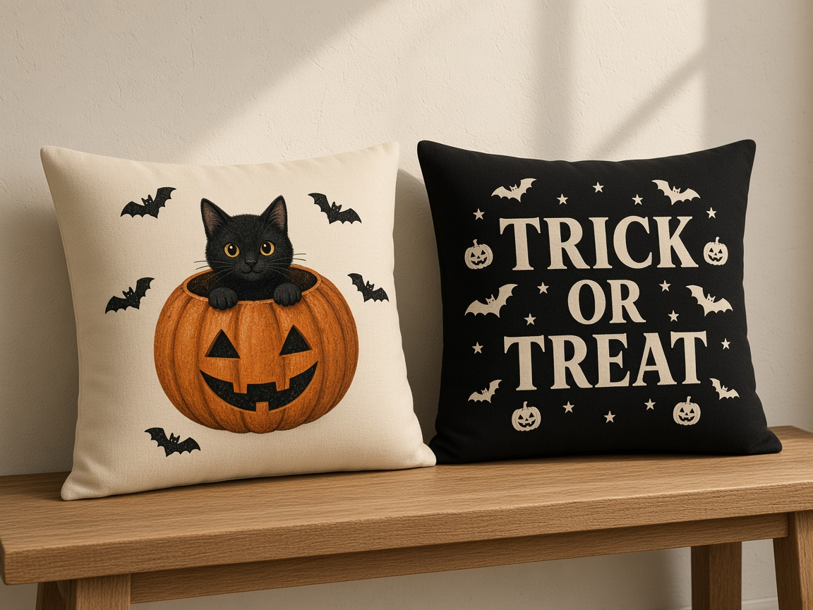Trick or Treat Kırlent Kılıfı — ön ve arka yüzü, oda görünümü
