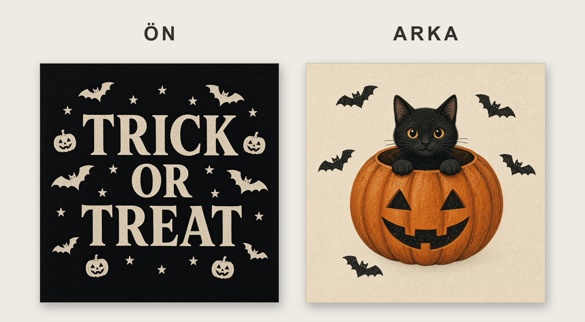 Trick or Treat Kırlent Kılıfı — ön ve arka yüz tasarımı